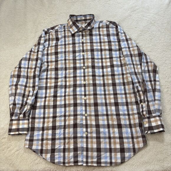 Peter Millar Mens Long Sleeve Button Up Size Medium Blue Brown White Geometric - Picture 1 of 10